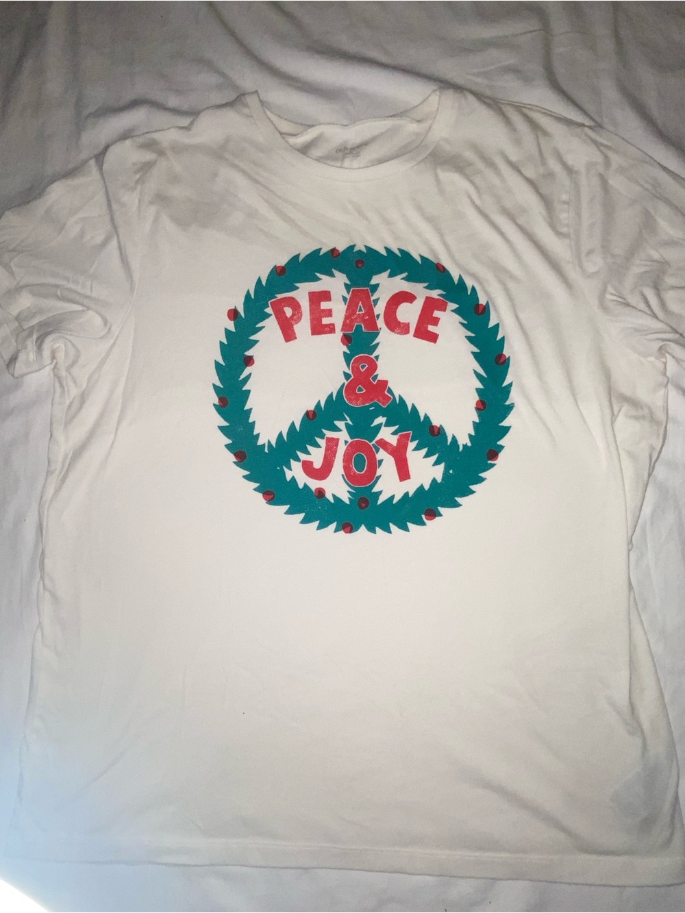 Old Navy White Short Sleeve Tee with Teal and Red Holiday Peace & Joy Graphic